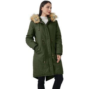 Women's Army Green Fluffy Lined Long Sleeve Hooded Vest Jacket Coat Winter Warm